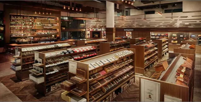 A large cigar store, with many booths and shelves